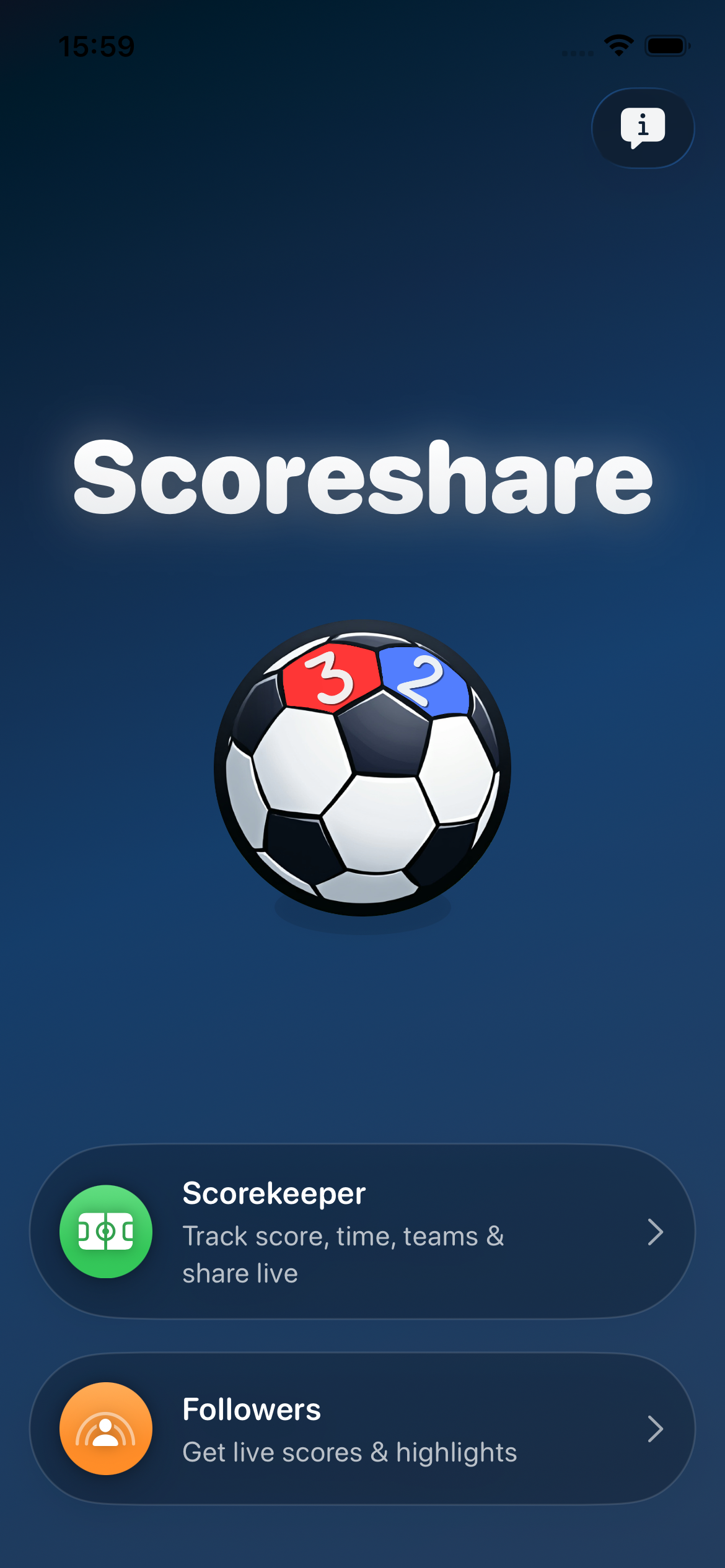 ScoreShare home screen with scorekeeper and follower options