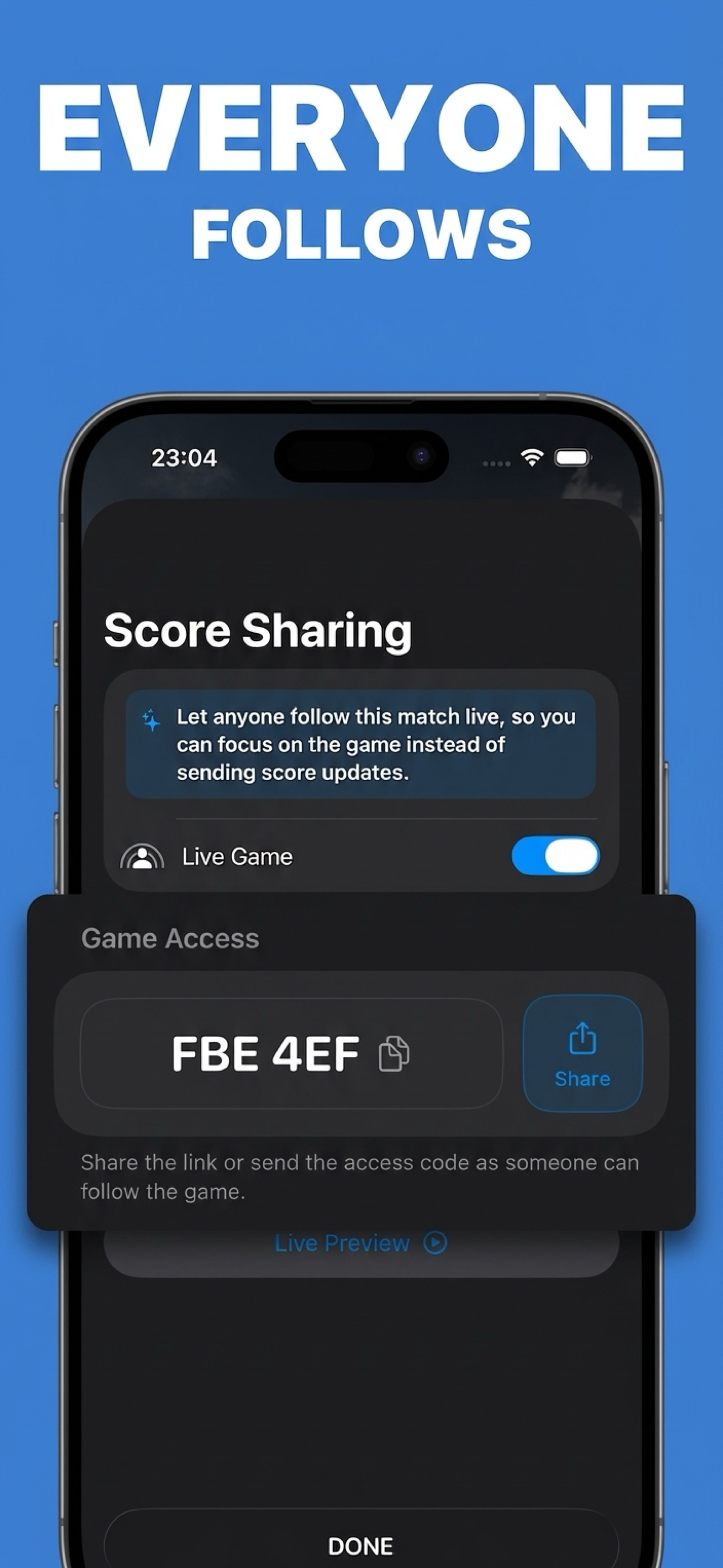 ScoreShare sharing screenshot with access code and follower view