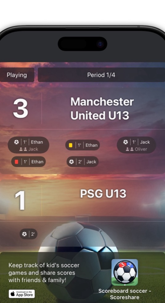 Shared soccer game summary from ScoreShare