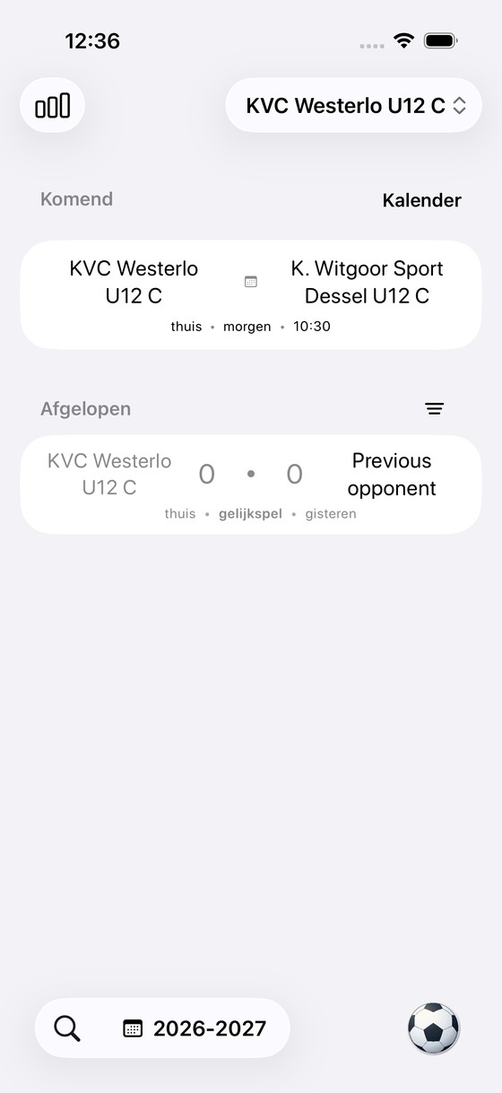 ScoreShare toont de volgende wedstrijd van een team onder Komend, met voorbeeldgegevens.