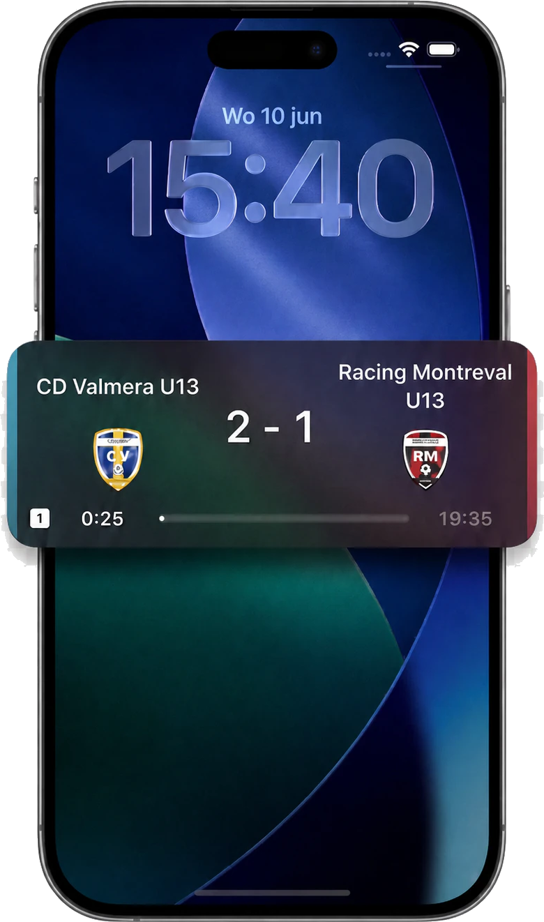 ScoreShare Live Activity showing a live match score and clock on the iPhone Lock Screen