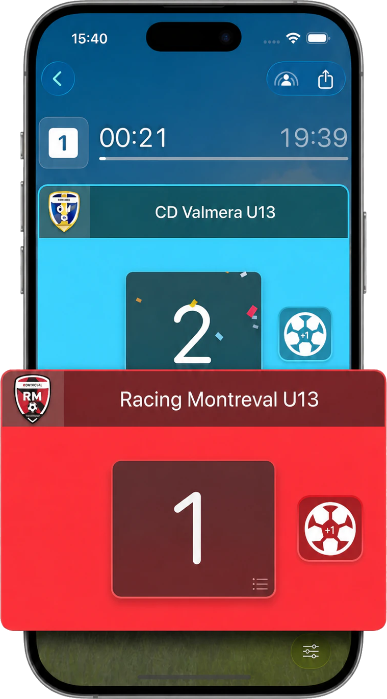 ScoreShare scoreboard during a match: the clock is running and both team cards show one-tap goal buttons