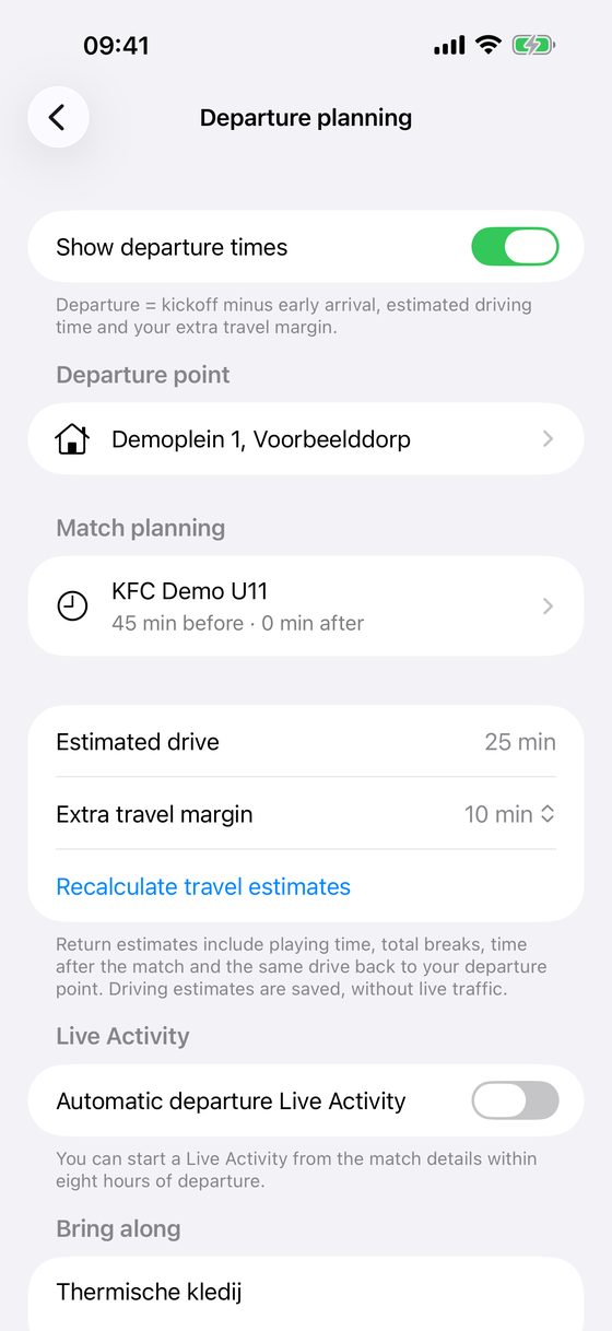 Departure settings showing a 25-minute drive and 10-minute margin with example data in English