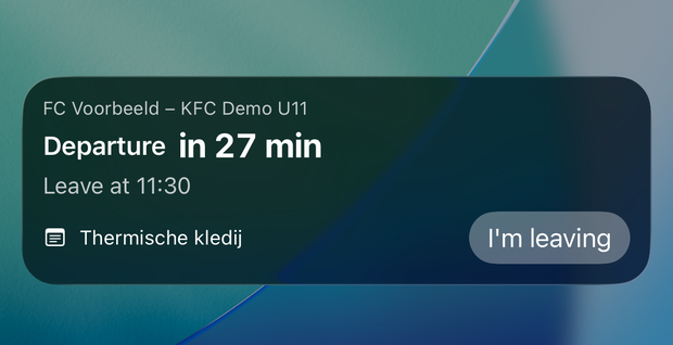 ScoreShare departure Live Activity showing a departure time of 11:30 with example data in English