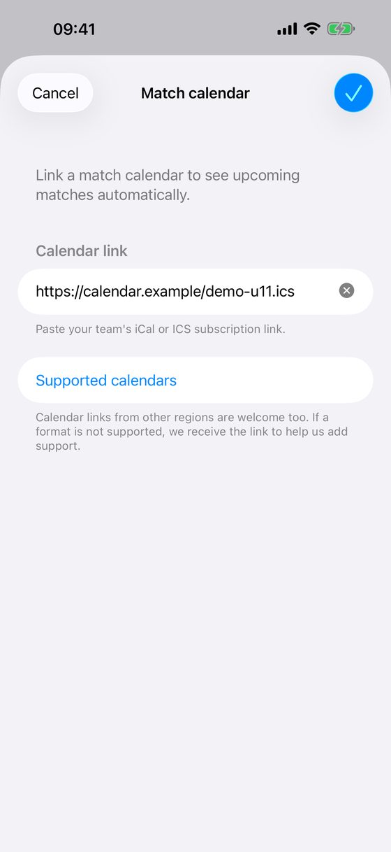 ScoreShare calendar link field with example data in English