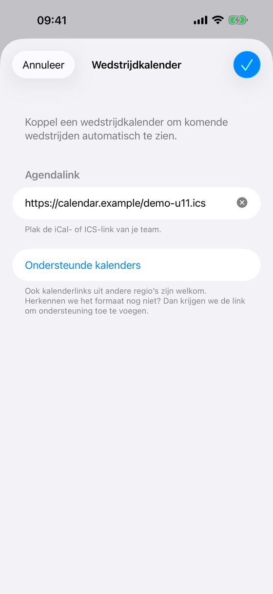 Kalenderlink in ScoreShare met Nederlandse voorbeeldgegevens