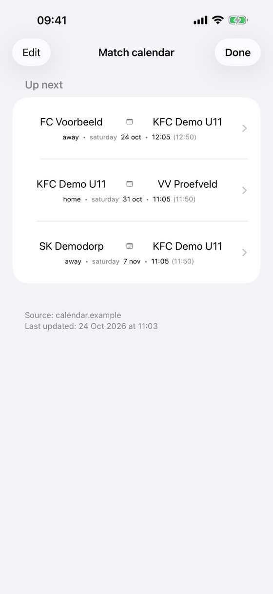 Upcoming fixtures for KFC Demo U11 with example data in English