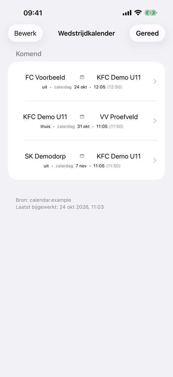 Komende wedstrijden van KFC Demo U11 met Nederlandse voorbeeldgegevens