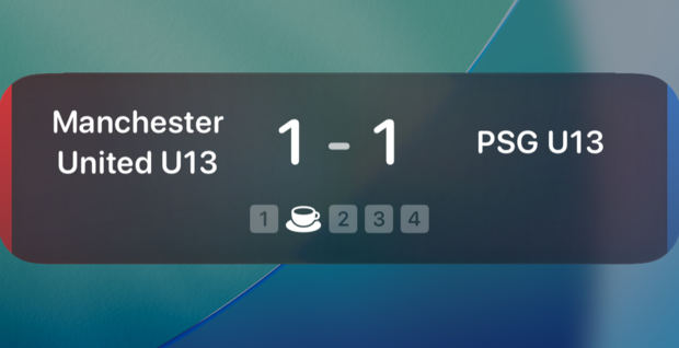 Live Activity at halftime with the score level at 1–1