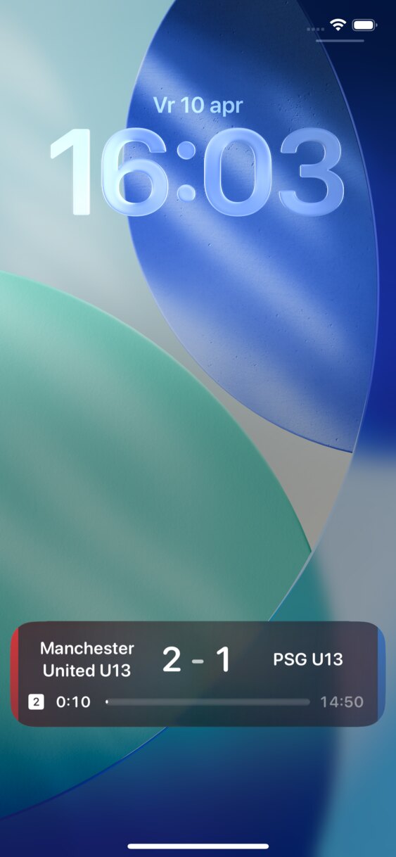 ScoreShare Live Activity showing a live match score and clock on the iPhone Lock Screen