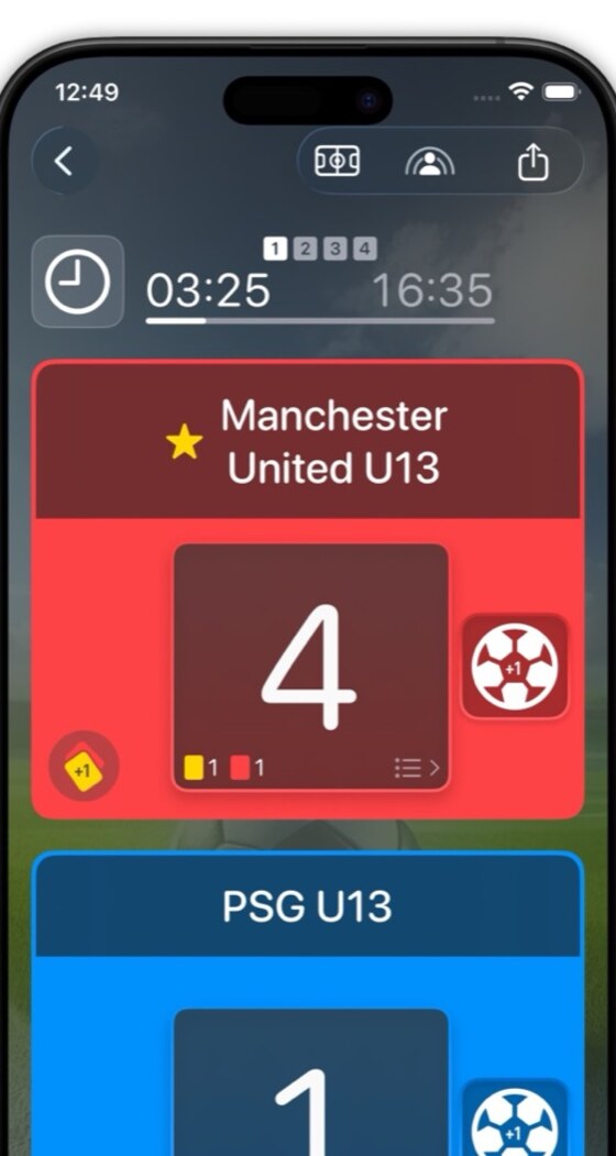 ScoreShare scoreboard at 4–1 with period indicators, card counters and one-tap goal buttons for both teams
