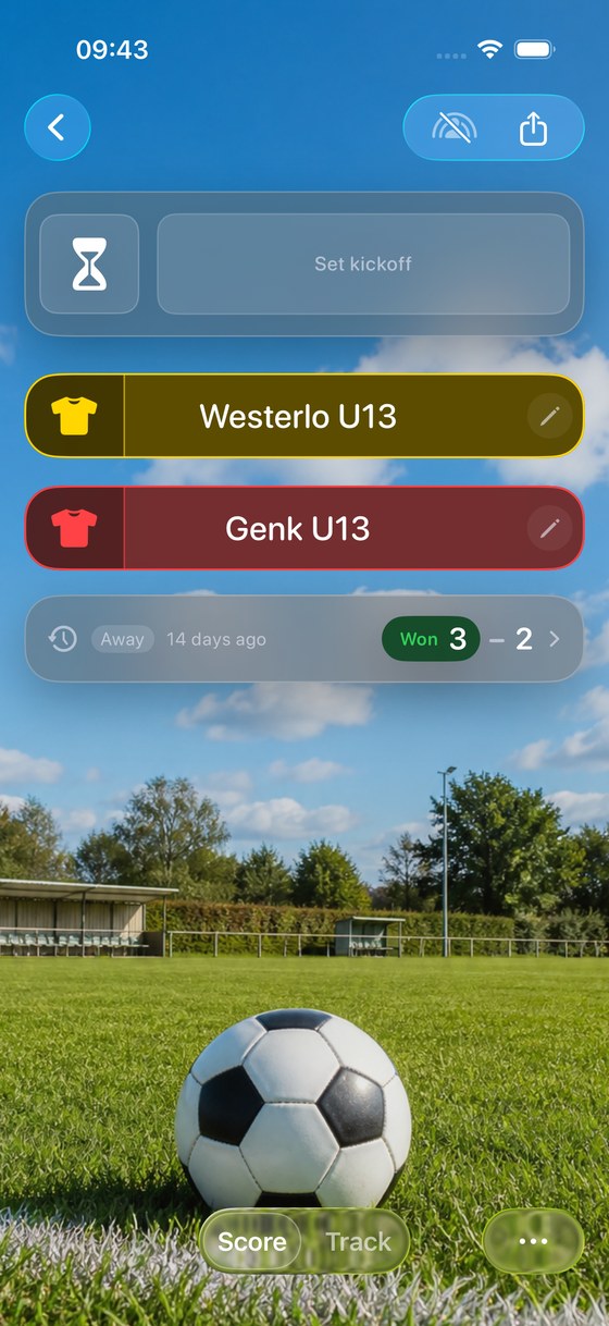 Il risultato precedente sotto le squadre, prima del calcio d’inizio. La schermata usa dati dimostrativi e un’interfaccia in inglese.