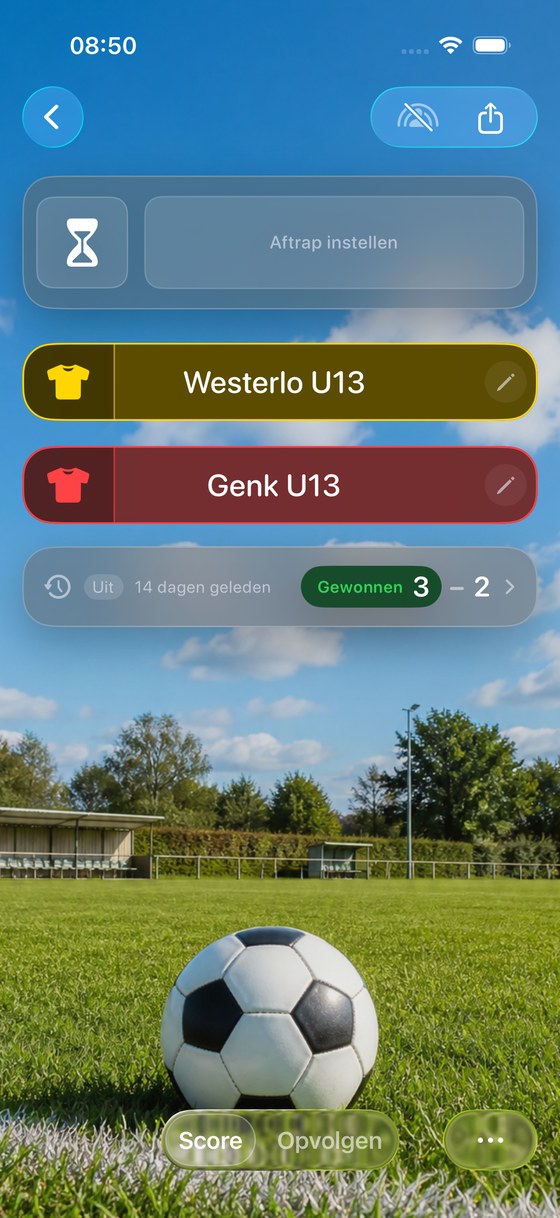 De vorige uitslag onder de teams, vóór de aftrap. De afbeelding gebruikt demogegevens.