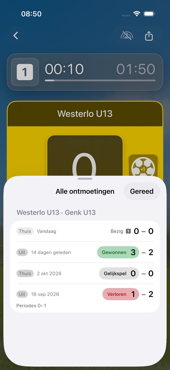 Alle ontmoetingen tijdens een wedstrijd, met de lopende wedstrijd boven de eerdere resultaten. De afbeelding gebruikt demogegevens.