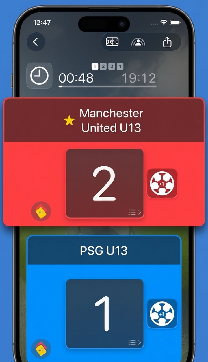 ScoreShare football scoreboard on iPhone with both teams, a running match clock and current period.