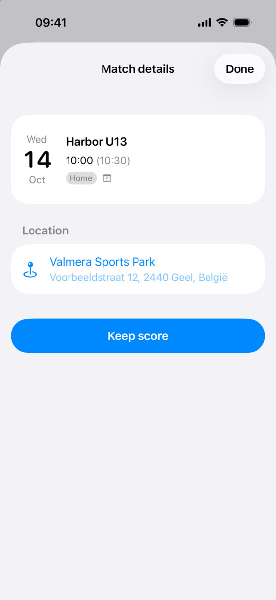 Detalhes de um jogo no ScoreShare com hora de início, hora de chegada, ligação da localização e botão para registar o resultado, com dados de exemplo em inglês.