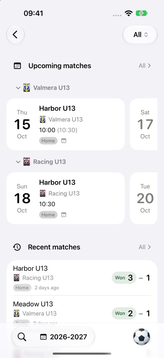 ScoreShare affiche les prochains matchs de deux équipes fictives dans des rangées distinctes, avec des exemples en anglais.