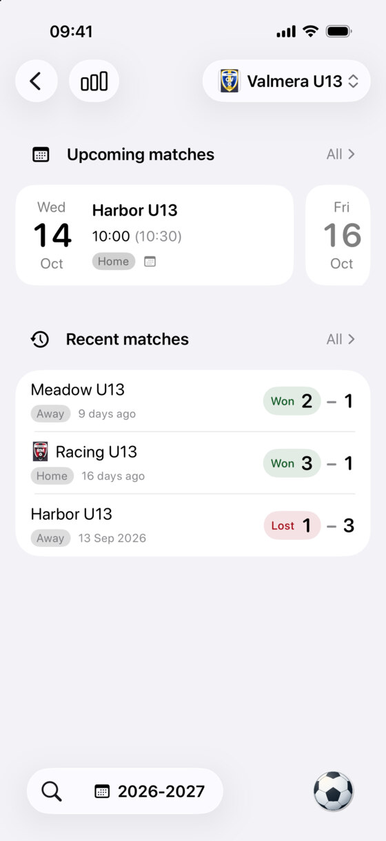 A vista geral de jogos do ScoreShare mostra os próximos jogos e resultados recentes de uma equipa, com dados de exemplo em inglês.